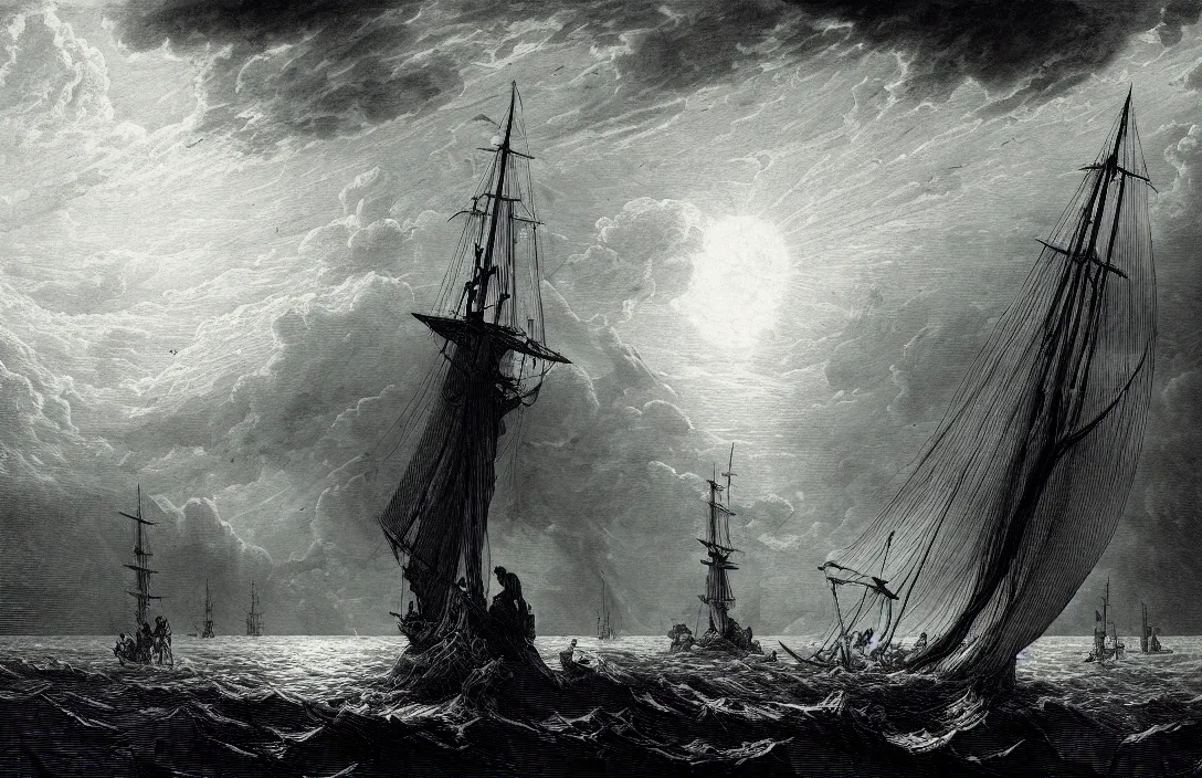 Prompt: ship ever further out to sea gustave dore hd illustration horizontal lines suggest a feeling of rest or repose because objects parallel to the earth are at rest intact flawless ambrotype from 4 k criterion collection remastered cinematography gory horror film, ominous lighting, evil theme wow photo realistic postprocessing jan van der heyden virtuoso painting jan van der heyden