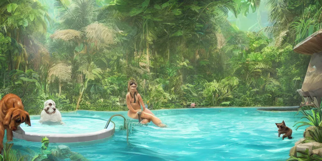 Image similar to swimming pool in the middle of the jungle a 'cat and a dog superdetailed' , empty beach chair , highly detailed, digital painting, artstation, concept art