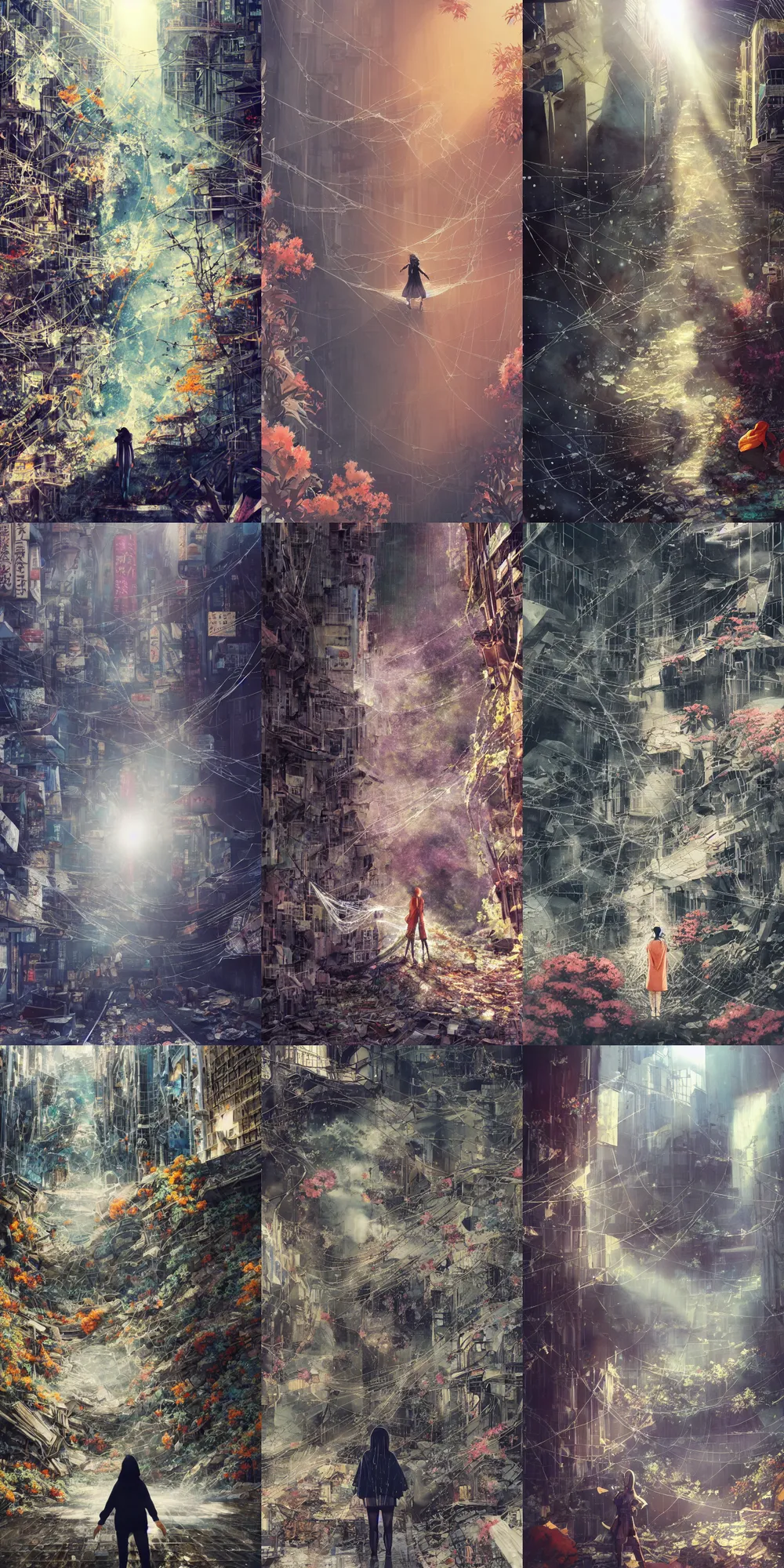 Prompt: anime movie scene, mamoru oshii, otomo, ultra wide, vanishing point, hoody woman explorer, watercolor, chasm, collapse, sinkhole, spiderwebs, flowers, waterfall, billboards, sun beam, dusty volumetric light, back lit, paper texture, puddles, deserted shinjuku junk, brutalist, golden ratio composition, orange, blue