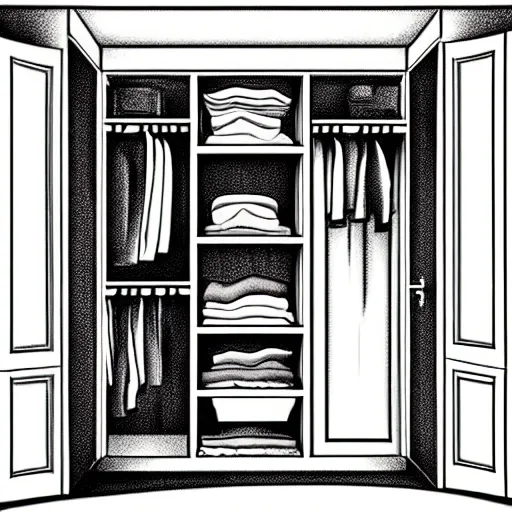 Image similar to storybook illustration of an open wardrobe revealing the entrance to a fantastic world, storybook illustration, monochromatic