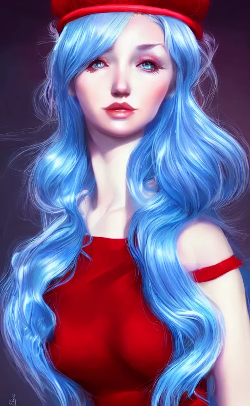 Image similar to the prettiest woman with silver blue hair, in a red and white dress portrait, dynamic lighting, fantasy concept art, trending on art station, stunning visuals, creative, cinematic, ultra detailed, ray tracing, sun rays, hyper realistic