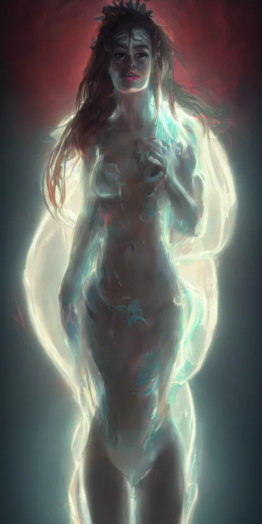 Image similar to cinematic portrait of a girl goddess of endless transgression of life and death in paradise, concept art trending on artstation, glowing light 8 k