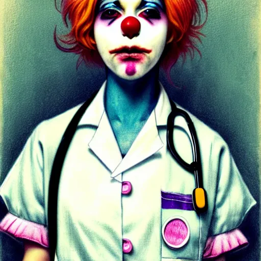 Image similar to clowncore pastel punk young hospital nurse wearing stylish uniform. detailed, portrait, 8 k, artwork by jean - baptiste monge