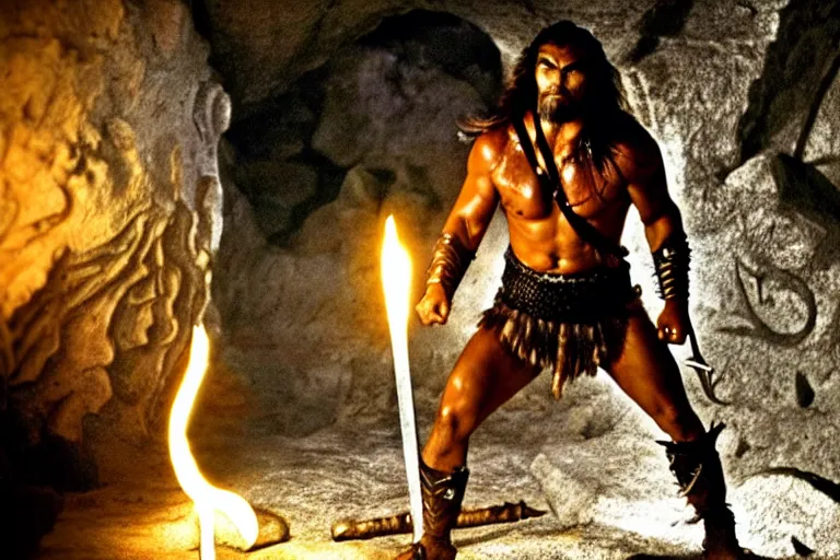 Image similar to film still from conan the barbarian, jason momoa as conan in the catacombs of evil, torch light, fantasy armor, volumetric lighting, wet skin and windblown hair, muscular!!!, battle action pose, ridley scott, high contrast