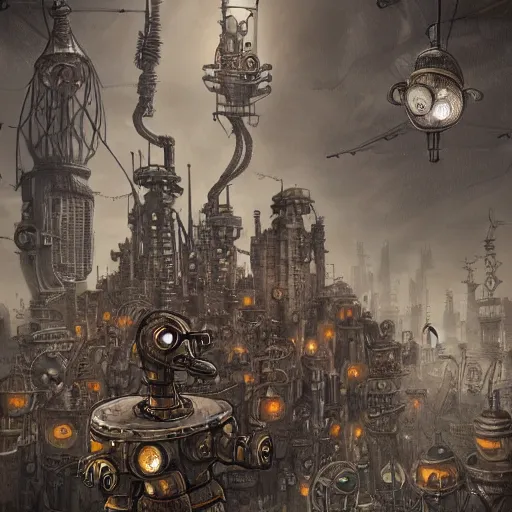 Image similar to robot city, steampunk art, fantasy style, super high detail, super high quality, talented artist, trending on artstation, machinarium