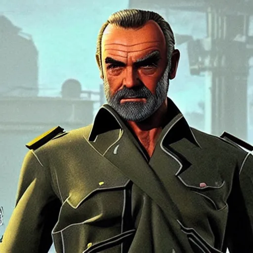 Image similar to sean connery as big boss, white hair, eye patch dim lighting