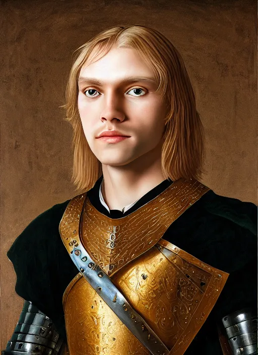 Prompt: oilpainting of a handsome young knight with a beautiful face and clear skin, long blond hair, wearing an engraved plate armor, no helmet, high resolution, clear image, digital art, studio photo, 4 k, clear lines, artstation, rendition by jan van eyck