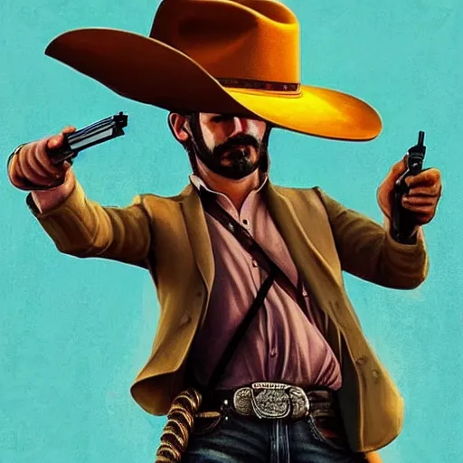 Prompt: a cowboy wearing a cowboy hat and shooting a revolver into the air. digital art. trending on artstation. amazing quality. great composition. perfect lighting. professional design. mind blowing detail. impressive colors. award winning art.