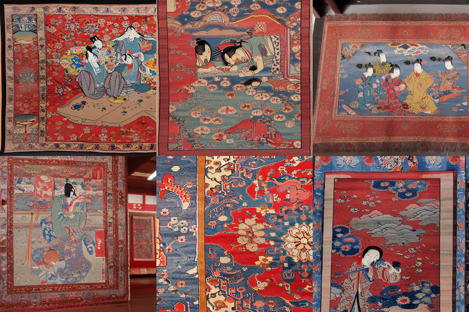 Prompt: The soft colored Persian carpets depict Japanese ukiyo-e designs.