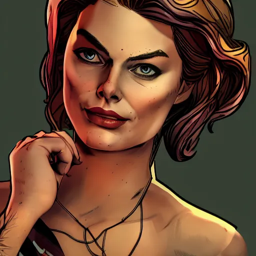 Image similar to margot robbie portrait, borderlands, tales from the borderlands, the wolf among us, comic, cinematic lighting, studio quality, 8 k