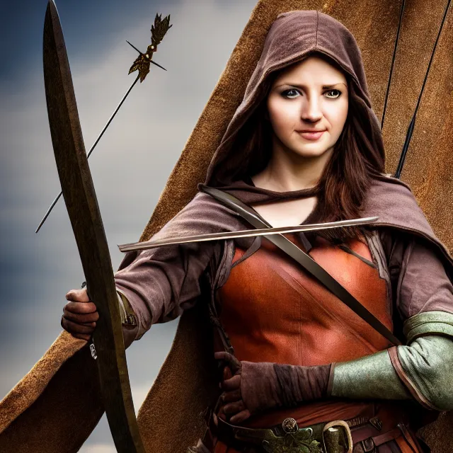 Image similar to beautiful female robin hood warrior, highly detailed, 8 k, hdr, smooth, sharp focus, high resolution, award - winning photo