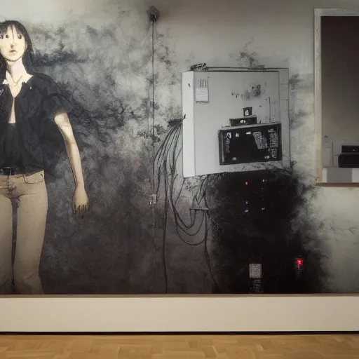 Image similar to portrait of lain iwakura connected to a room full of cables computers and displays by ruan jia and joao ruas. atmospheric