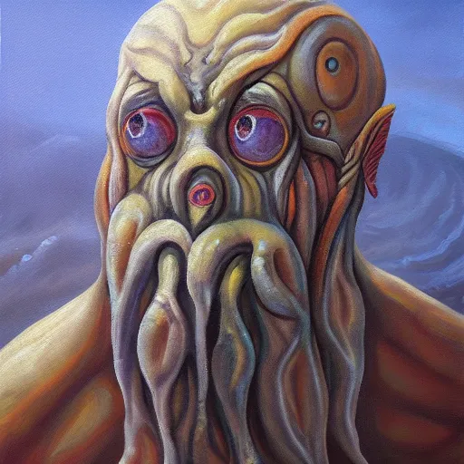 Prompt: oil painting of sea elf, parasite infested, constantly morphing, abysmal elder god, smug, snarky