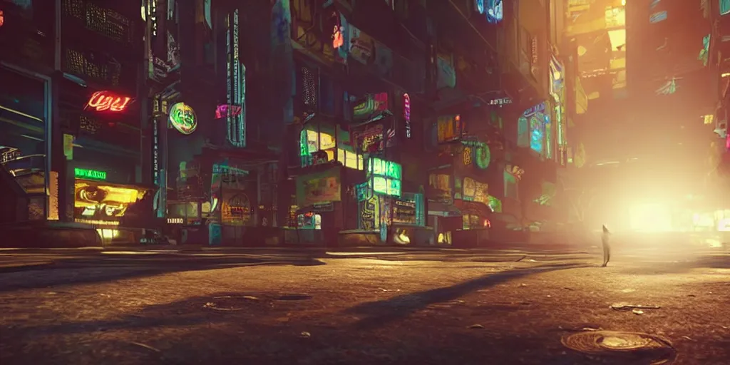 Image similar to “beautiful up close photo of a cat walking in the streets of night city’s corpo plaza, cyberpunk 2077”