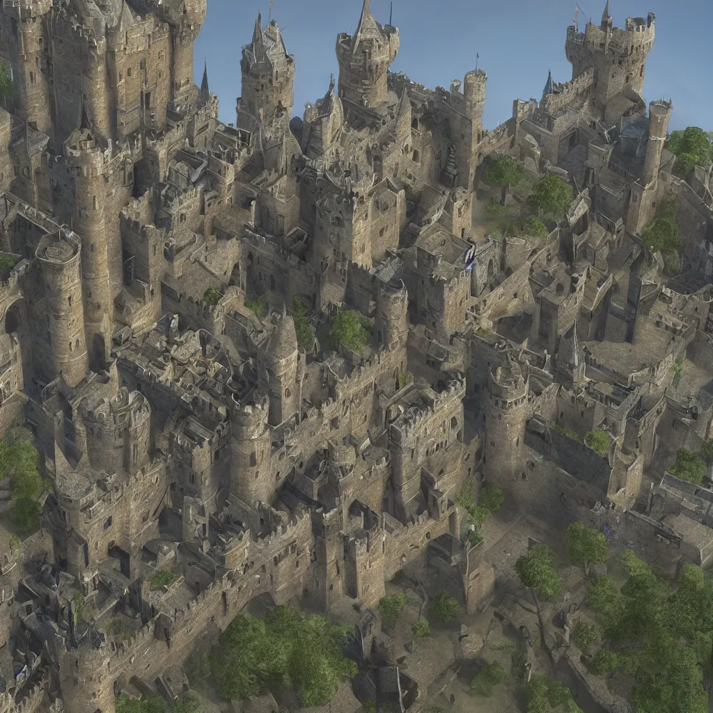 Prompt: castle, 4 towers, photorealistic, hyper detailed, picture taken from the ground, first person perspective, realistic