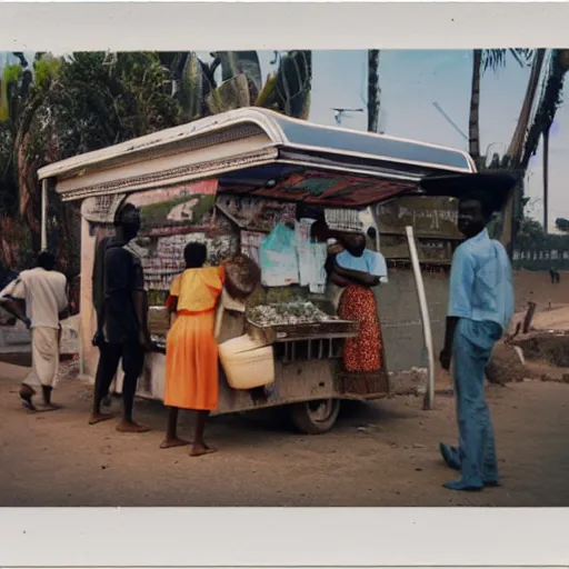 Image similar to old polaroids of futuristic african bus stops with informal sellers and digital screens, women selling fruit, autonomous african busses