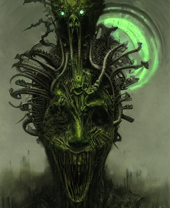 Prompt: a portrait of an evil green steampunk dark lord, by hr giger and beksinski and stephan martiniere, 4 k resolution, detailed, 3 d render, unreal engine, octane render, trending on artstation