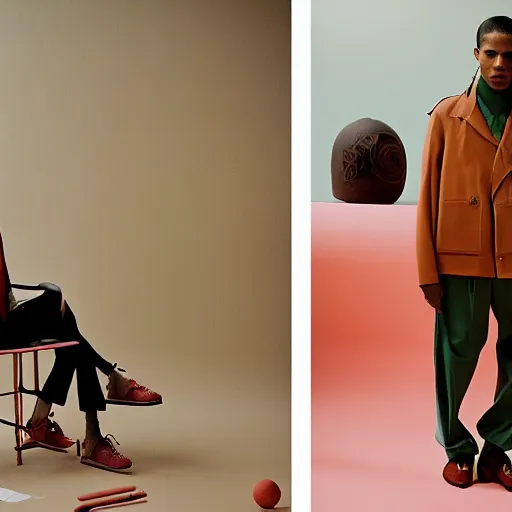 Image similar to realistic photoshooting for a new balenciaga lookbook, color film photography, portrait of a beautiful woman, set design by wes anderson, in style of Tyler Mitchell, 35mm,