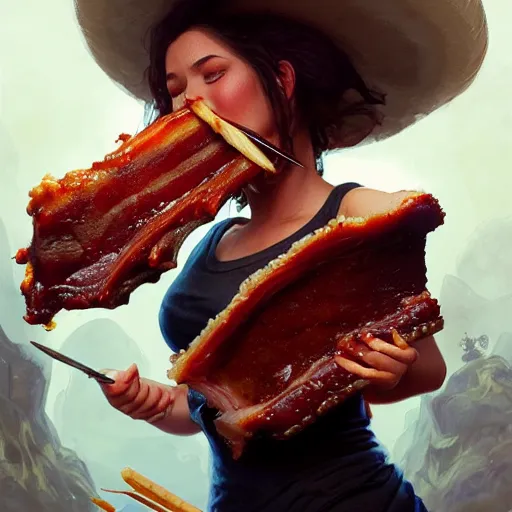 Prompt: Sasha Reid Eating BBQ Ribs, dripping BBQ Sauce, D&D, fantasy, intricate, elegant, highly detailed, digital painting, artstation, concept art, matte, sharp focus, illustration, hearthstone, art by Artgerm and Greg Rutkowski and Alphonse Mucha