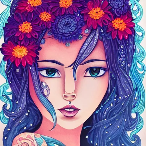 Prompt: beautiful portrait of a women by jeremiah ketner, flowers, detailed, texture hair,