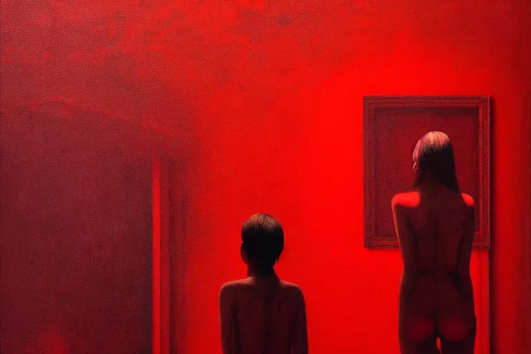 Image similar to only with red, crowd screaming, an exposed painting in a roman theater, in the style of beksinski, parts by edward hopper, parts by rodcenko, parts by yue minjun, intricate and epic composition, red by caravaggio, insanely quality, highly detailed, masterpiece, red light, artstation, 4 k