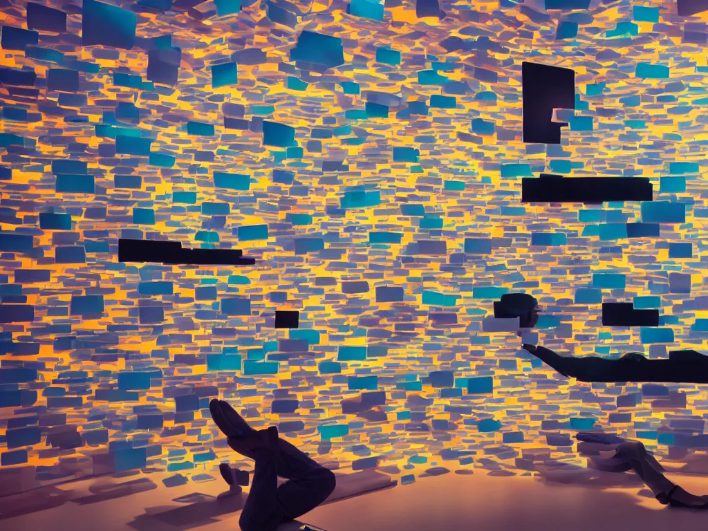 Prompt: by james turrell : pov candid photo of my hands reading colorful pdfs at my floating futuristic ios hologram desk, stacks and rows of perfectly organized knolled calendar cubbies during sunrise in a dappled open - air design studio by greg rutkowski and alphonse mucha, daylight vr os ux, leica 8 k still a 2 4