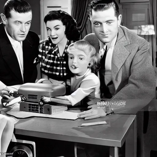 Image similar to a 1950s tv show with a family and alien using a computer from the future