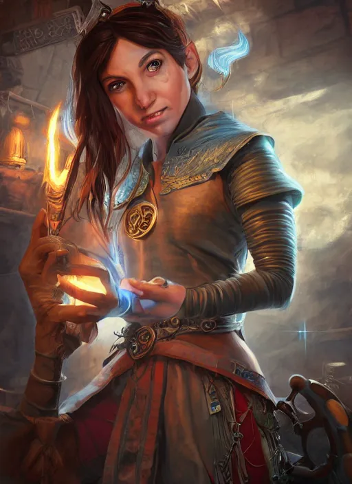 Image similar to An epic fantasy comic book style portrait painting of a young tinker girl working on a device in her workshop in the style of the wheel of time, unreal 5, DAZ, hyperrealistic, octane render, cosplay, RPG portrait, dynamic lighting