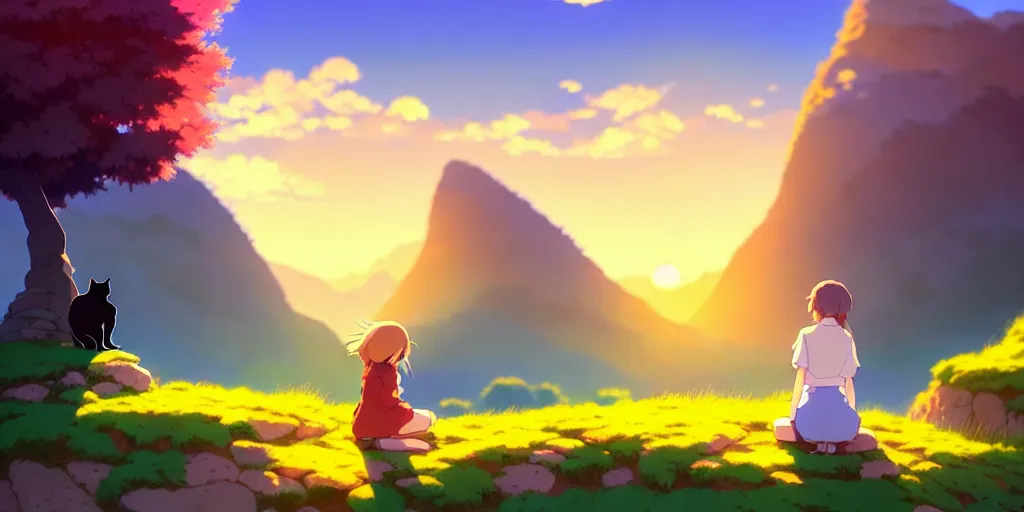 Image similar to the girl and the cat. beautiful sunrise. small village in the mountains. rocky roads, beautifull puffy clouds. anime, studio ghibli. intricate, elegant, super highly detailed, professional digital painting, artstation, concept art, smooth, Unreal Engine 5, 8k resolution, cinema 4d, 3D, beautiful, cinematic