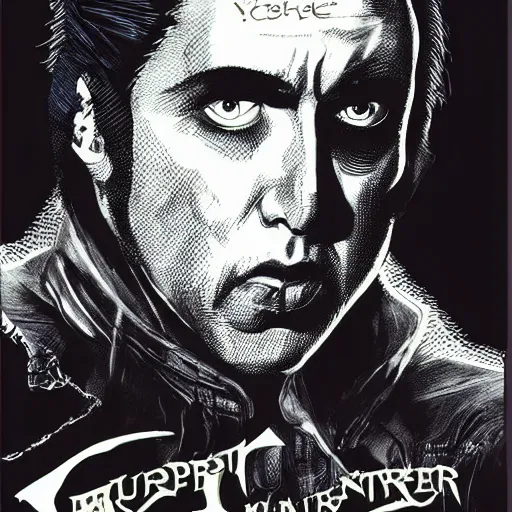 Image similar to Vampire Hunter Nicolas Cage esoteric graphic novel illustrated by Yoshitaka Amano written by Fred Durst