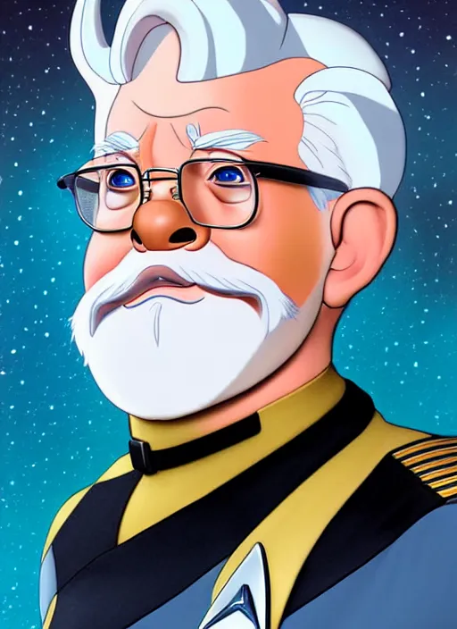 Image similar to cute star trek officer colonel sanders, natural lighting, path traced, highly detailed, high quality, digital painting, by don bluth and ross tran and studio ghibli and alphonse mucha, artgerm