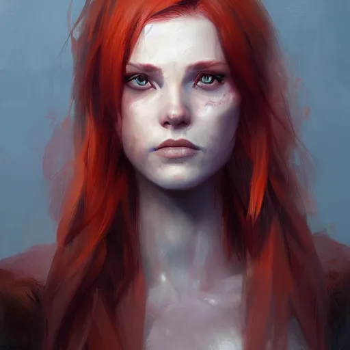 Prompt: a female monster, detailed face, redhead, by greg rutkowski, mandy jurgens