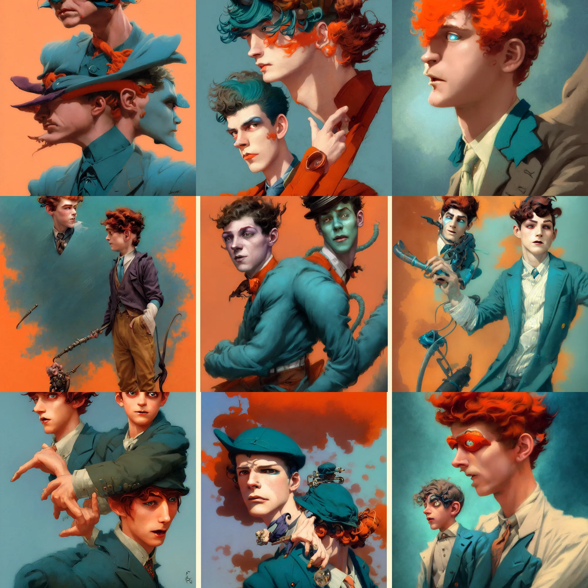 Prompt: beautiful realistic character portrait of a boy hero in the 1 9 2 0 s, wearing 1 9 2 0 s cloth hair, coloured in teal and orange, muted colours, by peter mohrbacher, hajime sorayama, wayne barlowe, boris vallejo, aaron horkey, gaston bussiere, craig mullins