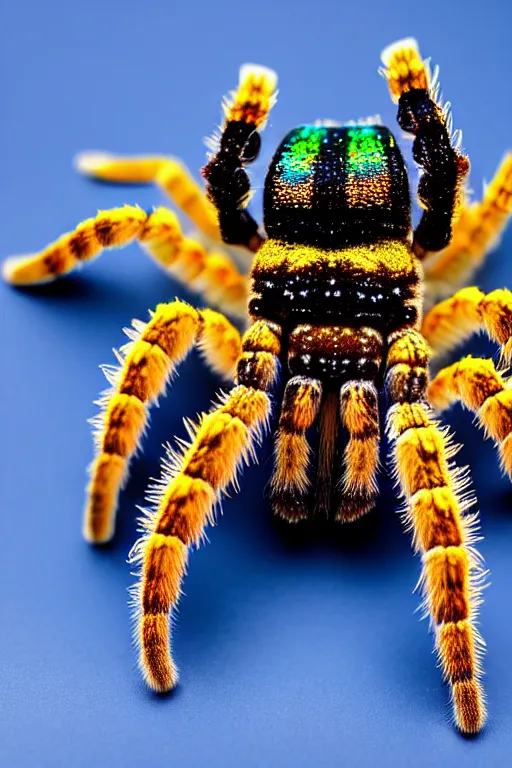 Image similar to high quality macro photo iridescent tarantula! jewelled cute! highly detailed david ligare elson peter cinematic blue lighting high quality low angle hd 8k sharp shallow depth of field