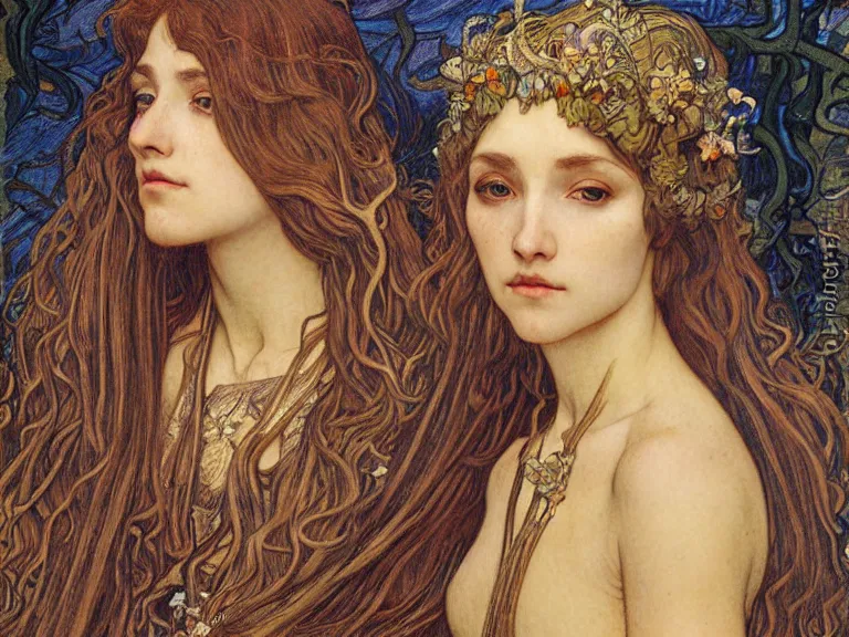 Image similar to detailed realistic beautiful young medieval queen face portrait by jean delville, alphonse mucha, vincent van gogh, and marco mazzoni, art nouveau, symbolist, visionary, gothic, pre - raphaelite