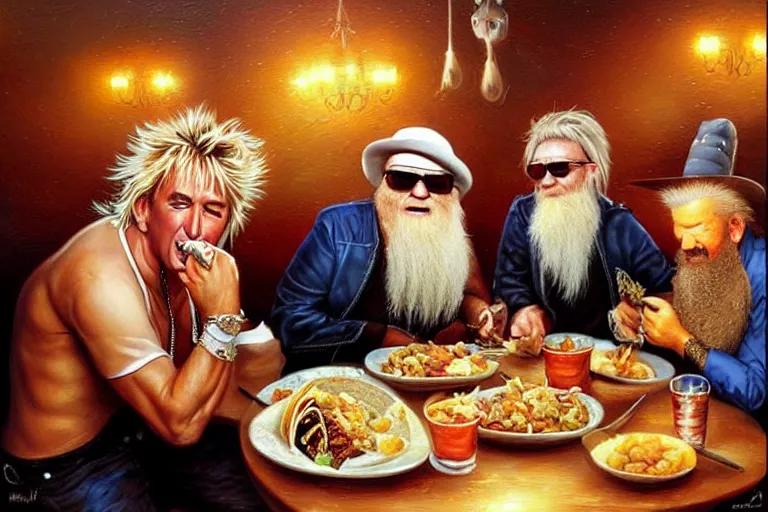 Prompt: rod stewart eating tacos with zz top, an oil painting by ross tran and thomas kincade