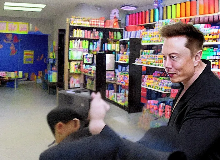 Image similar to cctv footage of elon musk stealing a crayon in Stationery store at indonesia