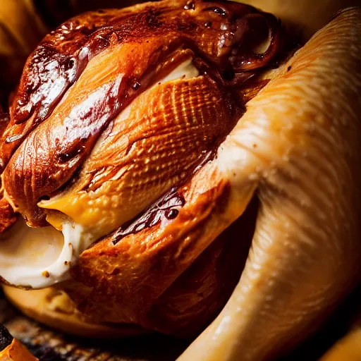 Image similar to a photograph of an ice cream cone growing out of a roast turkey like a mushroom. Shallow depth-of-field