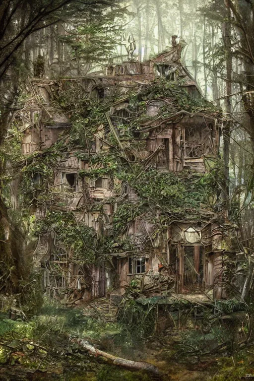 Prompt: an abandoned and overgrown ramshackle multistory hut in the woods, intricate, elegant, fantasy, highly detailed, digital painting, concept art, sharp focus, illustration, artstation, art by James Gurney