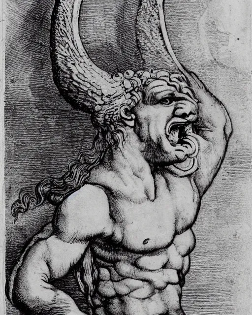 Prompt: human / eagle / lion / ox hybrid with two horns, one big beak, mane, human body. drawn by leonardo da vinci