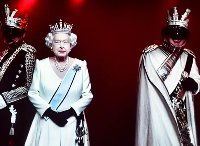 Image similar to publicity photo still of queen elizabeth in a death metal band playing live on stage, 8 k, live concert lighting, mid shot