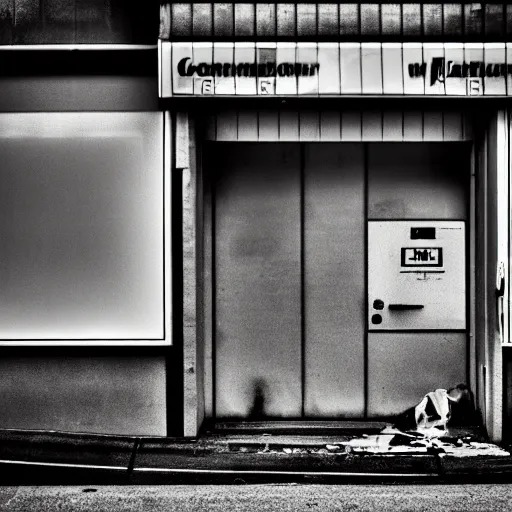 Image similar to a ransacked convenience store, broken door, in a town filled with pale yellow mist. Dystopian. Grainy. Award-winning photo. Sigma 40mm f/1.4 DG HSM