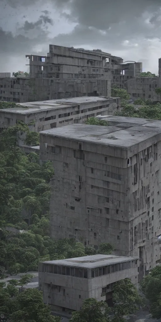 Image similar to brutalist architecture by Le Corbusier, high magnificent abandoned buildings, surrounded by lush green vegetation, stunning volumetric lighting, sunset, solid concrete, stunning skies, trending on Artstation, 8k, photorealistic, hyper detailed, unreal engine 5, IMAX quality, cinematic, epic lighting, in the style of DOOM and Quake and Greg Rutkowski