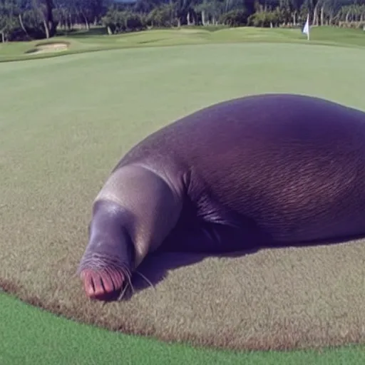 Image similar to cctv footage of a walrus sleeping on a golf course,