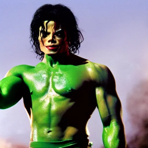 Image similar to michael jackson as the incredible hulk, movie still, 8 k