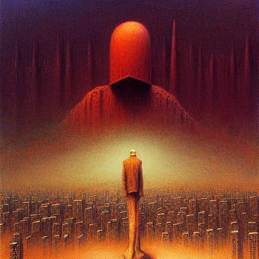 Image similar to a giant rabbi stands over a city painting by beksinski, barlowe colors. masterpiece painting