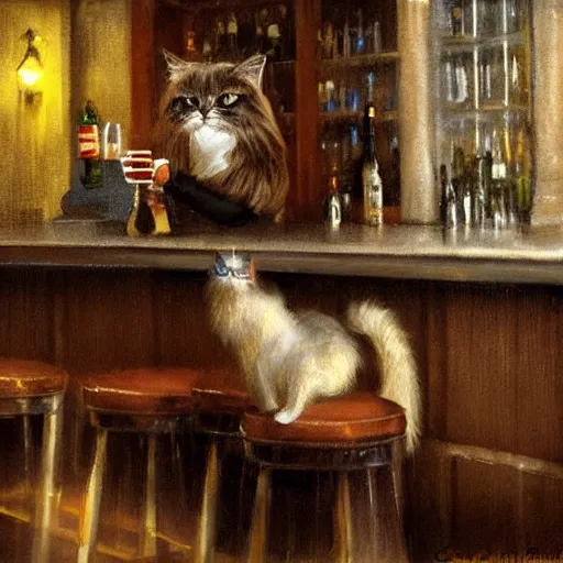 Prompt: of a british longhair cat sitting at the bar next to a beer, by greg rutkowski