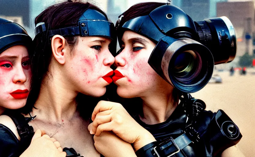 Image similar to cinestill 5 0 d photographic portrait by helen levitt of a kiss between two diverse loving female cyborgs wearing black techwear in a retrofuturist garden, extreme closeup, modern cyberpunk, dust storm, 8 k, hd, high resolution, 3 5 mm, f / 3 2, ultra realistic faces, intricate detail, ex machina