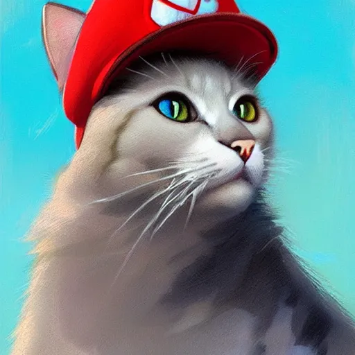 Image similar to Front Portrait of a Cat wearing a Super Mario hat, kawaii aesthetic, nintendo, highly detailed, digital painting, artstation, concept art, smooth, sharp focus, illustration, art by artgerm and greg rutkowski and alphonse mucha