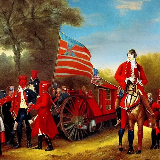 Prompt: gentleman john burgoyne's redcoat regular party train, 1 8 th century american revolutionary detailed war scene oil on canvas shimmer artstation
